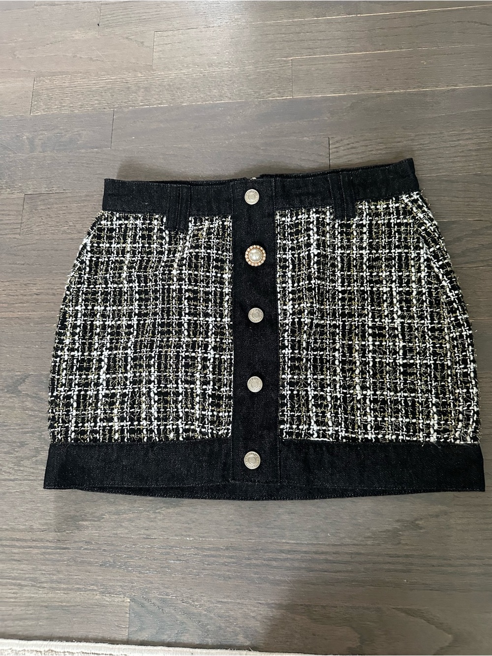 Signature8 Black & White Tweed Button-Front Mini Skirt